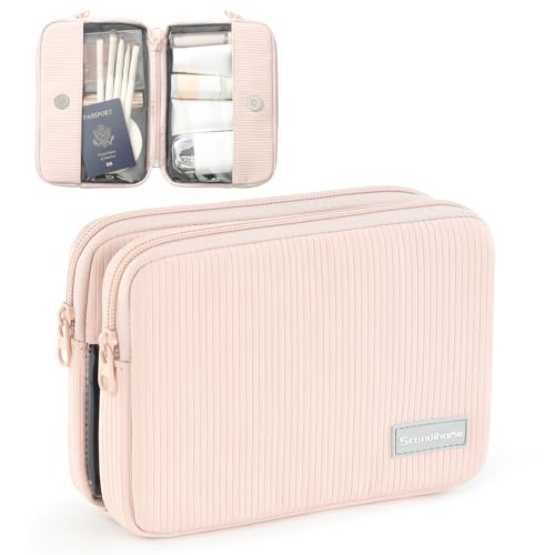 Preppy Makeup Bag, Rectangle Double Detachable Cosmetic Organizer, Clear Side Panel Portable Travel Pouches for In-Flight Essentials, Beauty & Tech Accessories, Gift for Women - color: Pink