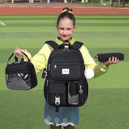 ACESAK Backpack for Girls - Girls Backpack with Lunch Bag & Pencil Pouch for Teen Kids Laptop Backpack for Women, Elementary Middle High School Bookbag Travel Daypack (Black) - color: Black