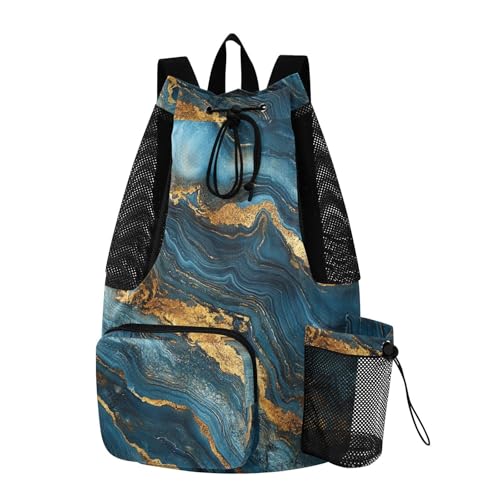 Drawstring Gym Bags Gym Sackpack With Inside Pockets String Back Pack Wet and Dry Separation Blue and Gold Marble Texture - color: Color 24