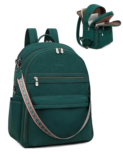 FADEON 15.6 Inch Laptop Backpack Purse for Women, Large Capacity | Vegan Leather Backpack with Padded Straps, Laptop & iPad Slots Fits 13", 14" & 15.6". Roomy for Daily, Work & Travel - color: Dark Green Nubuck Style