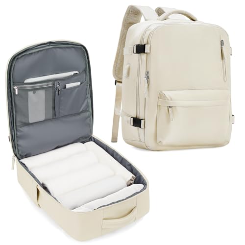 winspansy Travel Backpack for Women Men Essentials Carry on Luggage Flight Approved Personal Item Travel Bag Work Laptop Backpack Waterproof Weekender Bags for Women Mochila de Viaje Beige - color: C1-beige-no Vacuum Bag