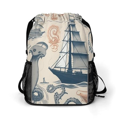 Lighthouse Sailboat Fish Shells Octopus Drawstring Backpack with Wet Pocket - Large Capacity Gym Bag with Shoe Compartment & Mesh Pockets, Adjustable Lightweight Gym Backpack for Swimming, Travel, Wor