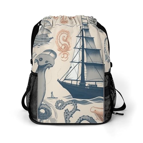 Lighthouse Sailboat Fish Shells Octopus Drawstring Backpack with Wet Pocket - Large Capacity Gym Bag with Shoe Compartment & Mesh Pockets, Adjustable Lightweight Gym Backpack for Swimming, Travel, Wor