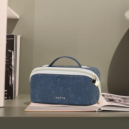Prite Makeup Bag for Women Travel Waterproof Vegan Leather Cosmetic Bag Open Flat Toiletry Bag With Clear Divider and Handle (Blue Flower, Medium) - color: Blue Flower, size: Medium