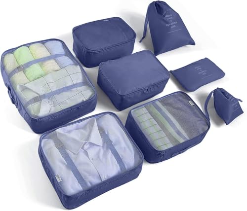 LANSKLBD 6/8 Set Packing Cubes for Suitcases Travel Luggage Packing Organizers,Travel Accessories Essentials Luggage Organizer with Shoe/Tioletry/Laundry Bag (Dark Blue, 8 set) - color: Dark Blue, size: 8 set