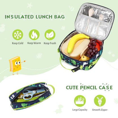 3PCS Boys Backpack Ages 5-8 with Lunch Bag & Pencil Case, Toddler School Backpack for Kids Boys - 15inch Backpack Boy Bookbag for Preschool Kindergarten Elementary School - color: Dinosaur