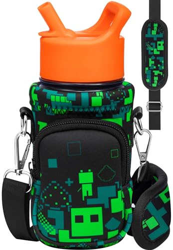 Miss Adola Water Bottle Carrier with Strap - Insulated Kids Water Bottle Holder for Boys Girls Bottle Bag for 10-18Oz - color: Green World