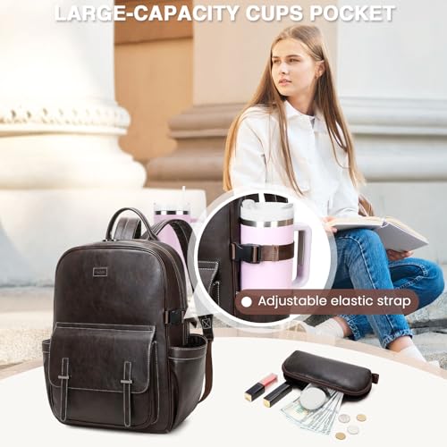 Vegan Leather Laptop Backpack for Women Designer 15.6 Inch PU Laptop Bag, Ladies Travel Computer Work Backpack - color: Deep Coffee