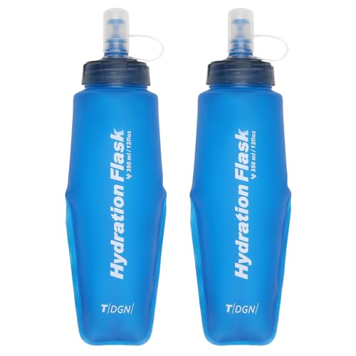 Azarxis TPU Soft Flask Collapsible Water Bottle Running Folding Gel Water Reservoir Handheld for Hydration Pack Hiking Cycling Climbing Jogging Marathon Trail Race - color: #04 Blue - 350ml - 2-pack