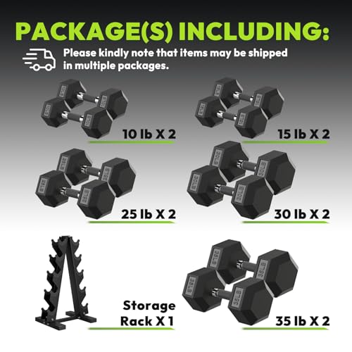 HANDBODE Hex Dumbbell Sets with Rack, 100-165 lb Rubber Encased Dumbbells for Strength Training, Exercise & Fitness, Home Gym Weight Set with Rack - style: 230 lb (10, 15, 25, 30, 35 lb) X 2 & Rack