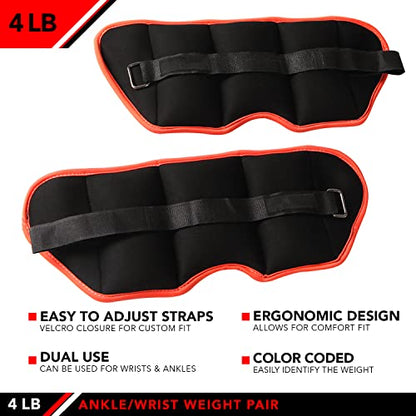 JFIT Ankle Weights - Ankle Weight Pair 10 Weight and Bundle Options - 0.5 to 8 lbs. Each (Set of 2) Adjustable Straps – Comfortable, Breathable, Moisture Absorbent Weight Straps for Men and Women - size: 4 lb Pair