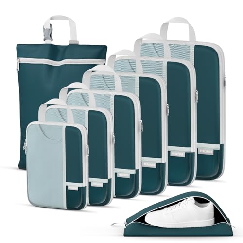 Percover Compression Packing Cubes for Travel, 8-Piece Structured Compression Organizer Set with Laundry Bag & Shoe Bag for Carry-On & Checked Luggage, Peacock Green - color: Peacock Green, size: 8 Set