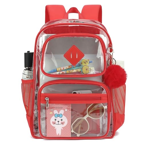 Heavy Duty Clear Backpack for Girls Boys Transparent School Bookbag Kids Durable PVC See Through Backpack-Red - color: Red