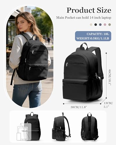 Lightweight School Backpack for Women Men, Multi Pocket Backpack for College Students, Waterproof Middle School Bags, Simple Bookbag for Teens Girls Boys, Black - color: Black