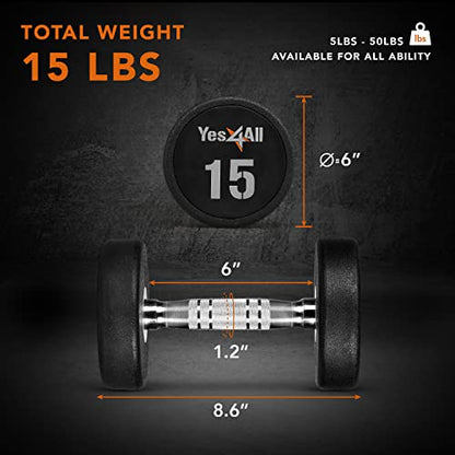 Yes4All Urethane Dumbbell with Anti-Slip Knurled Handle 5-50 LB for Muscle Building - Sold Individually - color: C. 15 Pounds