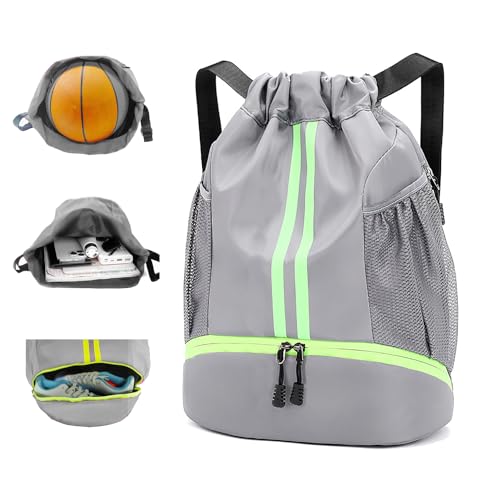 Drawstring Backpack with Shoe Compartment,Water Resistant Sports Gym Bag,String Bag for Men Women,Soccer,Basketball - color: Grey