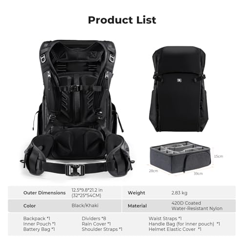 K&F Concept Camera Backpack, 30L Large Capacity Camera Bag, Waterproof DSLR Camera BackPack, Extra Large Photography Bag Backpack - color: Black, size: Large