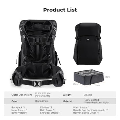 K&F Concept Camera Backpack, 30L Large Capacity Camera Bag, Waterproof DSLR Camera BackPack, Extra Large Photography Bag Backpack - color: Black, size: Large