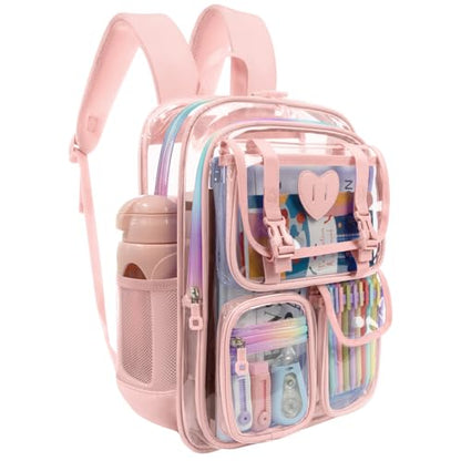 Clear Backpack for Girls Women Heavy Duty Transparent Bookbag School Backpack with Mesh Pockets Stadium Approved See Through Backpack (Pink) - color: Pink