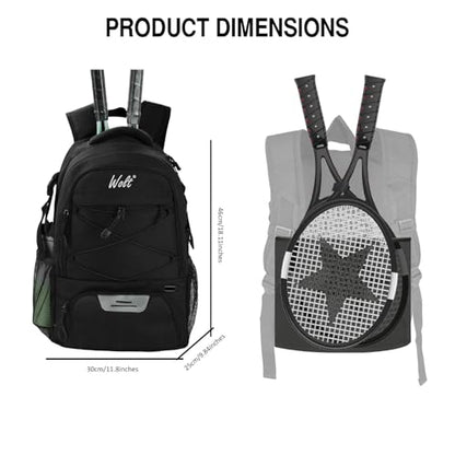 WOLT Tennis Bag - Large Tennis Racket Backpack for Men & Women - Ventilated Shoe Compartment - Holds 2 Rackets - color: Black