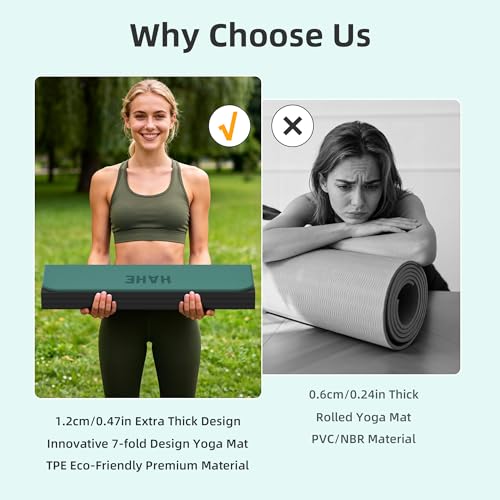 HAHE 7-Fold Design Extra Thick Yoga Mat 72"L x 24"W x 0.47",TPE Fitness Exercise Mats, Non-Slip Foldable Yoga Mat, High Density, Portable for Men & Women, Yoga, Pilates, Home Gym - color: Dark Green & Black