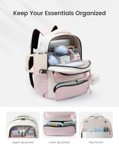 LOVEVOOK School Backpack for Teen Girl, Cute Bookbag with Large Bottle Holder, Lightweight Elementary Middle High School Student Backpack Fits 17.3 Inch Laptop, Back to Schools Kid Gift, Pink-Cream - color: Light Pink - Cream, size: 17.3 Inch