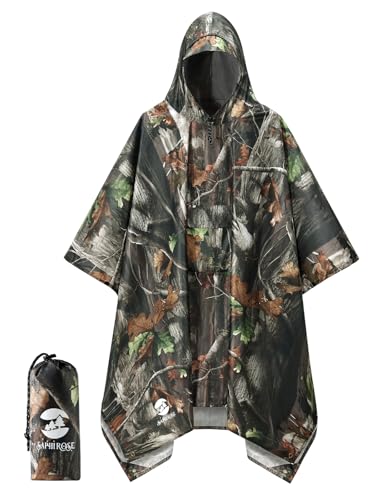 SaphiRose Extra Thick Hooded Rain Poncho Double Layer Waterproof Raincoat Jacket for Men Women Adults - color: Camouflage