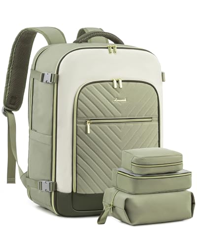 LOVEVOOK Large Travel Backpack for Women, TSA Carry on Backpack for Airplanes, 40L Personal Item Travel Bag for Women fits 17" Laptop,Waterproof Carry on Bag Airplane Approved with 3 Packing Cubes - color: Bean Green - Light Yellow - Dark Olive Green, siz