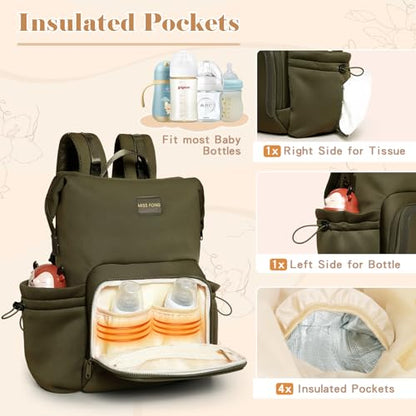 miss fong Diaper Bag Backpack - Baby Diaper Bag Neoprene Bag Large Capacity Neoprene Backpack with Diaper Changing Pad with 12 Pockets Pañaleras Para Bebe Baby Bag for Mom & Dad -Green - color: Green