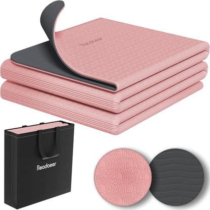 Readaeer Foldable Yoga Mat for Travel Folding Yoga Mat 6mm Thick with Carrying Bag, Non-Slip TPE Exercise Pilates Mat for 72" L x 24" W x 0.24 Inch - color: Pink
