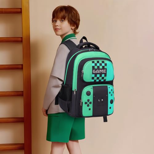 JIANYA School Backpack for Boys and Girls Elementary Children's School Bag Kids Backpack with Lunch Box - color: Gamer/ Green