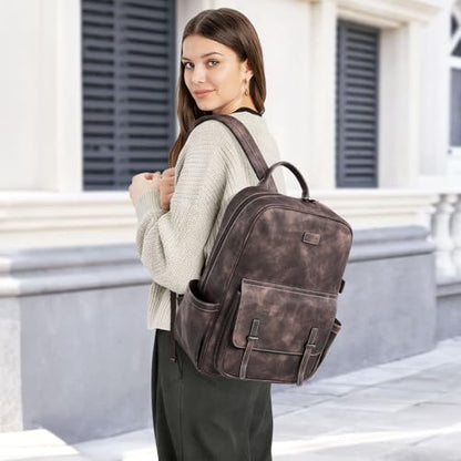 Vegan Leather Laptop Backpack for Women Designer 15.6 Inch PU Laptop Bag, Ladies Travel Computer Work Backpack - color: Two-toned Coffee