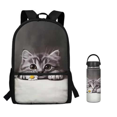 ZOUTAIRONG Daisy Cat Print Bookbag for School Insulated Thermos for Hot & Cold Drinks, Lightweight Casual Backpack with Side Pockets for Small Water Up - color: Daisy Cat