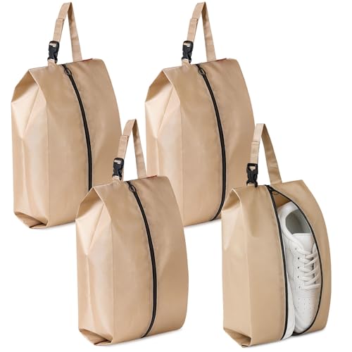 4-Pack Clip & Go Shoe Storage Bags for Travel – Zipper Shoe Pouches with Handle, Lightweight Organizers for Packing and Closet Storage (Khaki) - color: Khaki, style: 4 Pack