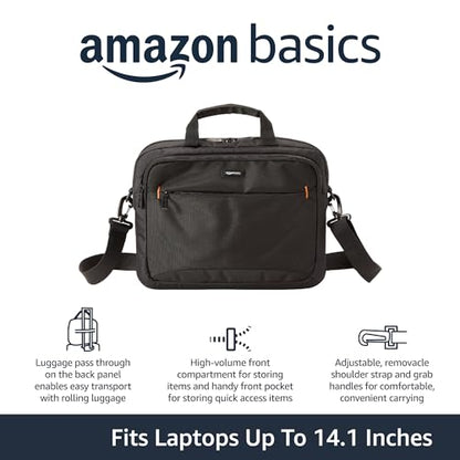 Amazon Basics Laptop Tablet Carrying Case with Shoulder Strap and Grab Handles, 14-inch, Black, Compartments for Storage - size: 14 Inch, style: 1-pack