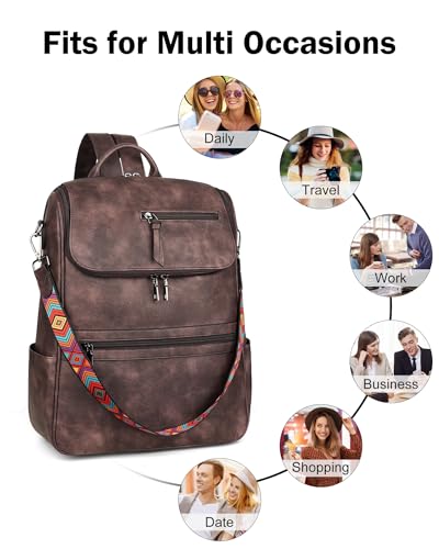 FADEON Laptop Backpack for Women Leather Travel Backpack with Laptop Compartment, Designer Ladies Computer Backpacks Coffee - color: Coffee Brown Retro Style
