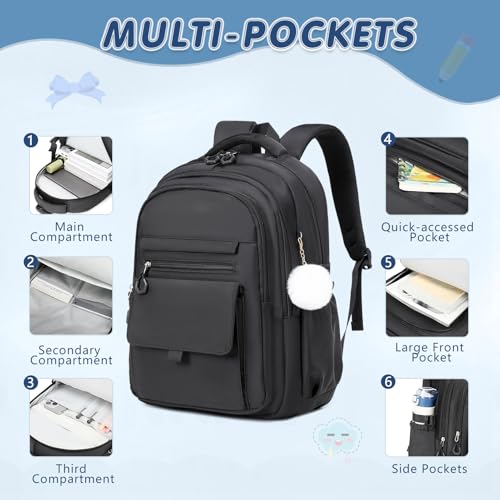 GeeWin Backpacks for Girls, Girls Backpack with Lunch Box & Pencil Case Set, 17 Inch Waterproof Girl Bookbag with Lots of Pockets for Kids, Teens, Elementary Middle High College School Student(Black) - color: Black