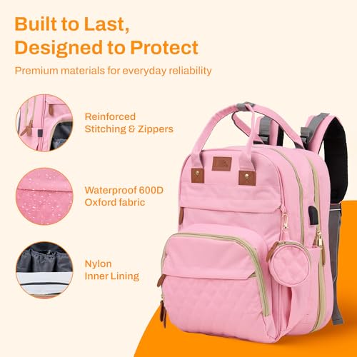 Diaper Bag Backpack with Changing Station – Large Baby Diaper Bag with 19 Pockets, USB Port, Waterproof, Insulated Bottle Holders, Stroller Straps – Travel Maternity Bag – Pink - color: Pink