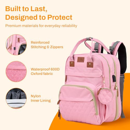 Diaper Bag Backpack with Changing Station – Large Baby Diaper Bag with 19 Pockets, USB Port, Waterproof, Insulated Bottle Holders, Stroller Straps – Travel Maternity Bag – Pink - color: Pink
