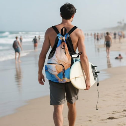 Draw String Back Bag Gym Bag With Pockets String Backpack Bag Waterproof Marble Royal Blue Peach - color: Color 12