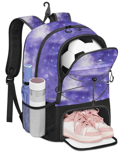 MATEIN Girls Soccer Backpack with Ball Holder, Shoe Compartment, Fence Hook - color: Galaxy Purple