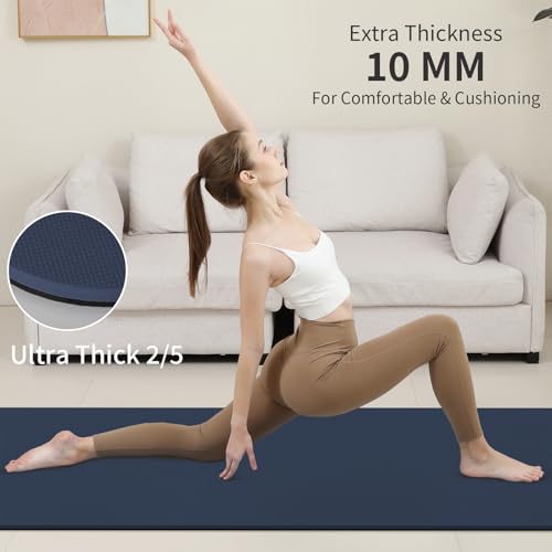 PAIDU Yoga Mat Non Slip Anti-tear,extra thick-2/5 inch（10MM）High Resiliency Professional POE Yoga Mats for Women Men Kids,72"x24"inch,Workout, Yoga, Pilates and Floor Exercise, with Carrier Strap - color: Navy blue & Black