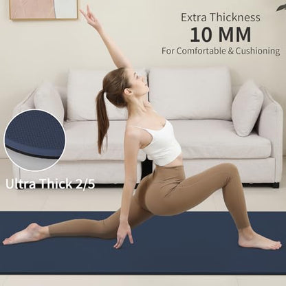 PAIDU Yoga Mat Non Slip Anti-tear,extra thick-2/5 inch（10MM）High Resiliency Professional POE Yoga Mats for Women Men Kids,72"x24"inch,Workout, Yoga, Pilates and Floor Exercise, with Carrier Strap - color: Navy blue & Black