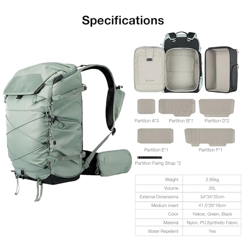 LEOFOTO 35L Camera Backpack for Photographer, Lightweight Waterproof Travel Camera Bag for Camera/Drone/15.6" Laptop, Photopraphy Bag with Side Access & Rain Cover, Tripod Compatible, 2.95KG (GREEN) - color: 35lbag+large Insert-green