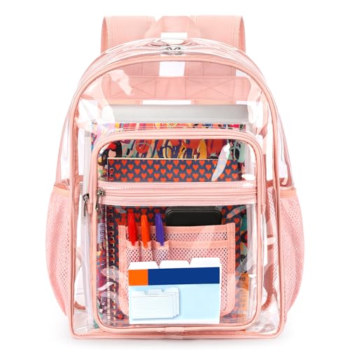 ZORFIN Clear Backpack Heavy Duty for School – 17in Transparent PVC Bag with Large Capacity & Reinforced Straps for Girls, Women - See Through Bookbag for College Workplace Security, Pink - color: Pink, size: Medium
