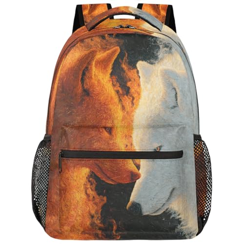Wolf Kids Backpack for Girl Boy Waterproof Kids Back Pack | Animal Fire School Bookbag fit Women Men Lightweight Rucksack Casual Daypack Carry On Bag for Work Hiking Camping Gym Travel - color: Animal Fire Art Wolf