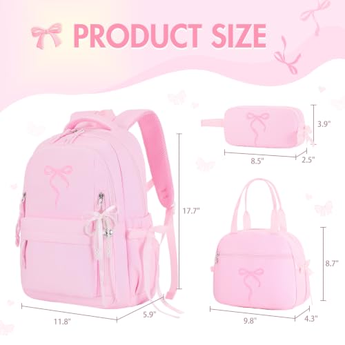 Kids Backpack for Girls - 3PCS Cute Embroidered Bow Girls Backpack with Insulated Lunch Bag & Pencil Case - Bookbag for Teen Women Middle High School College Work Travel Daypack - color: Pink