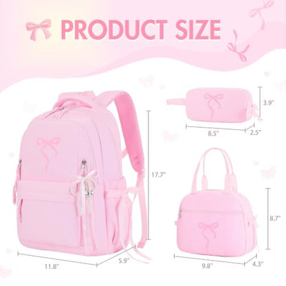 Kids Backpack for Girls - 3PCS Cute Embroidered Bow Girls Backpack with Insulated Lunch Bag & Pencil Case - Bookbag for Teen Women Middle High School College Work Travel Daypack - color: Pink
