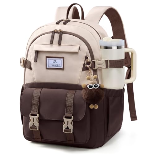 LOVEVOOK School Backpack for Teen Girls, Bookbag for 8-16 Student, Middle High College Back to School Cute Kids Backpack, 15.6 Inch, Coffee-beige - color: Coffee--beige, size: 15.6 Inch