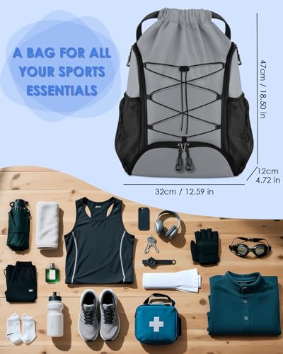 BROTOU Soccer Bags, Football Backpack, Volleyball Bag, Drawstring Soccer Backpack with Ball and Shoe Compartment - color: Silver Gray